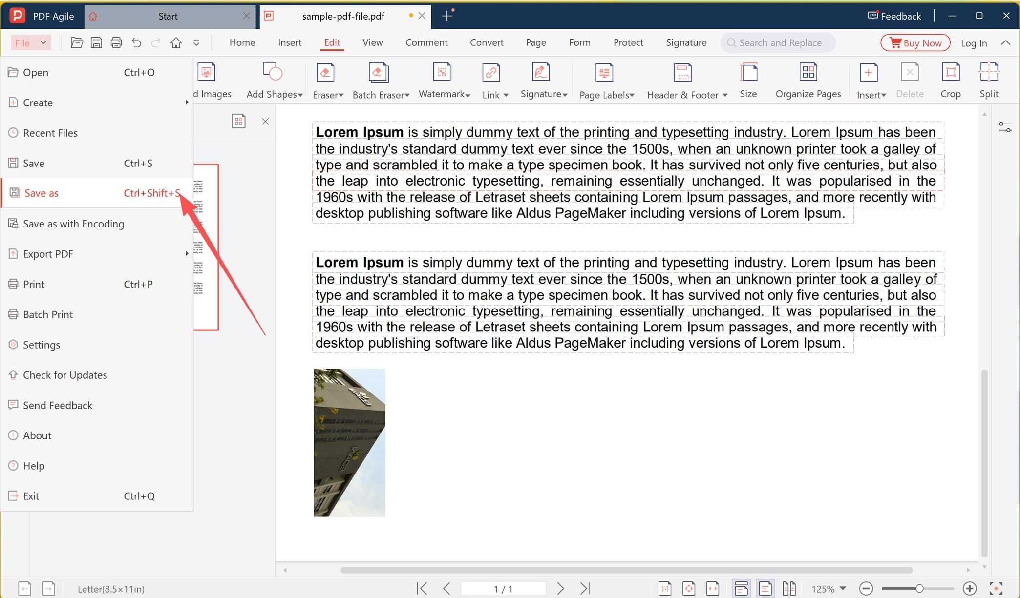 File menu with Save as highlighted, next to Save and Export PDF
