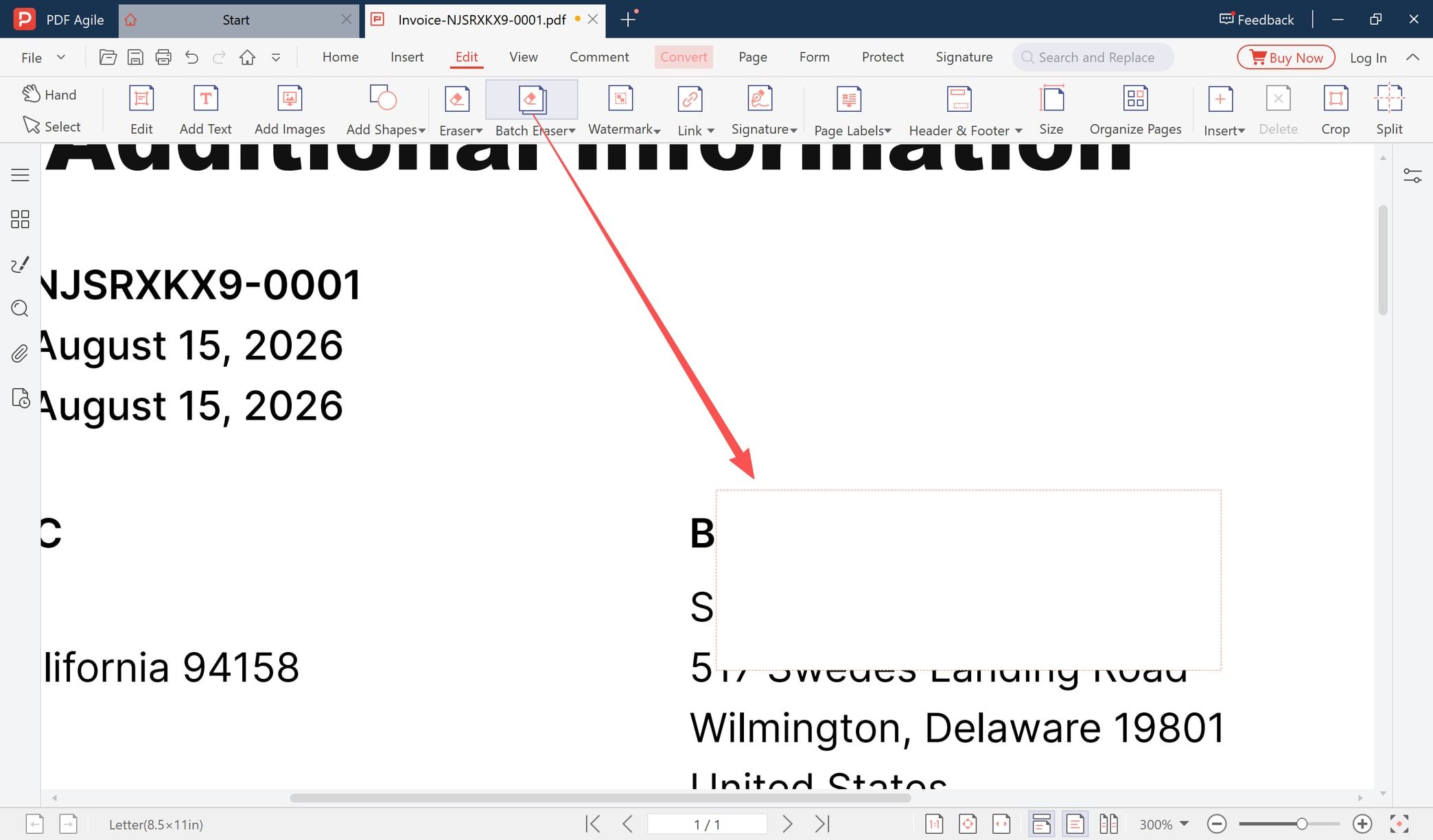 Rectangular selection drawn over the billing address block of an invoice before it is covered