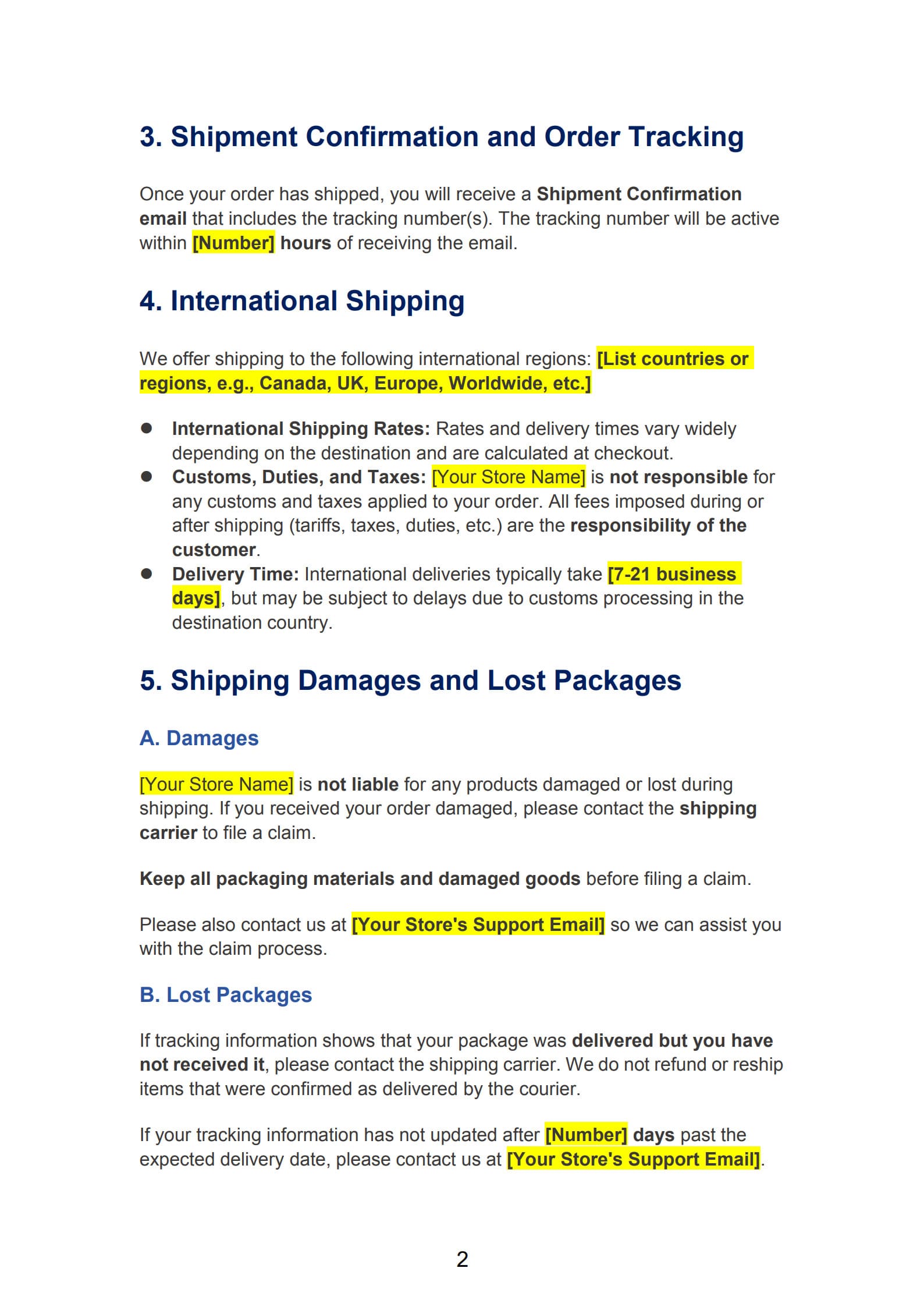 shipping policy template 2