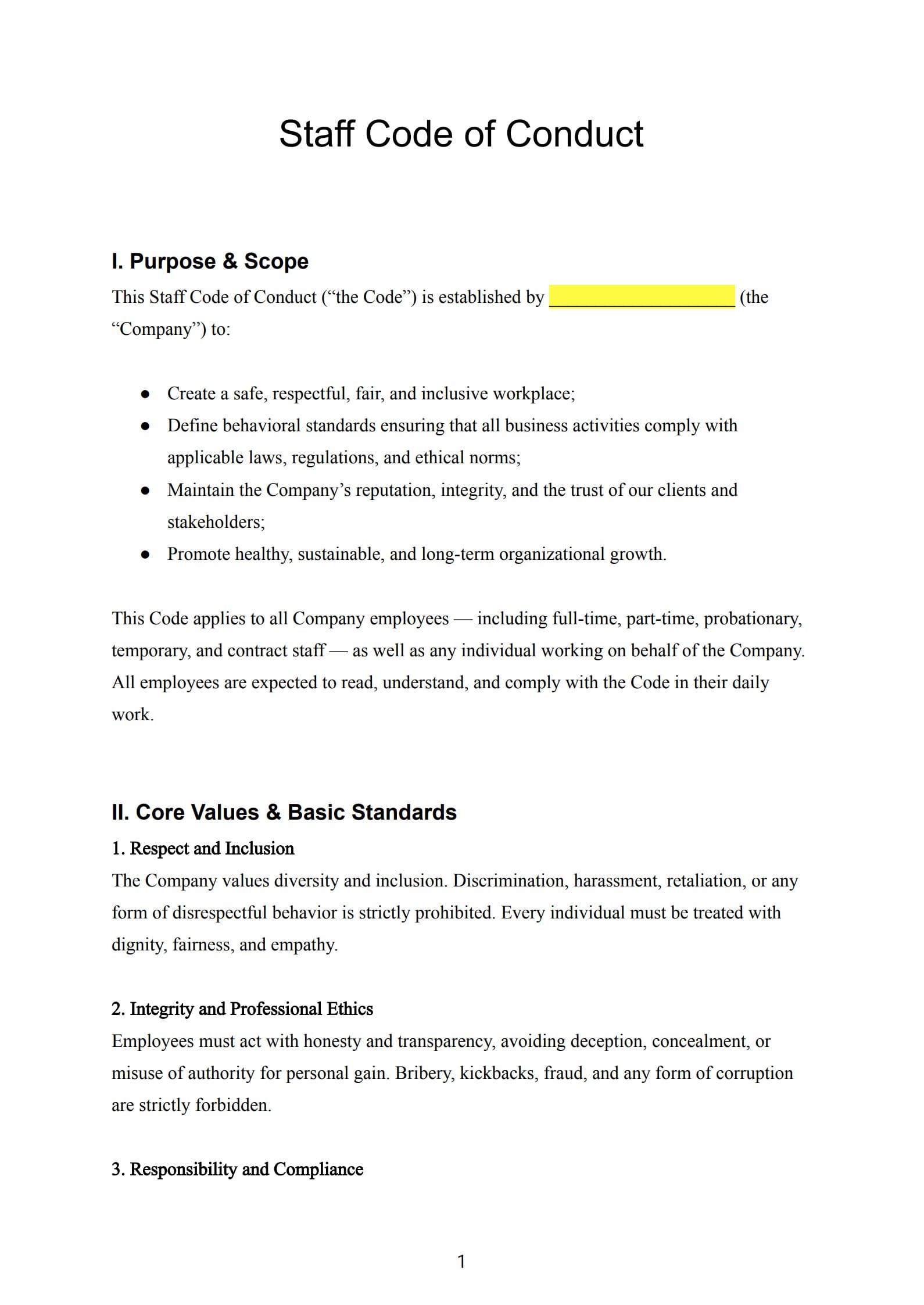 staff code of conduct template