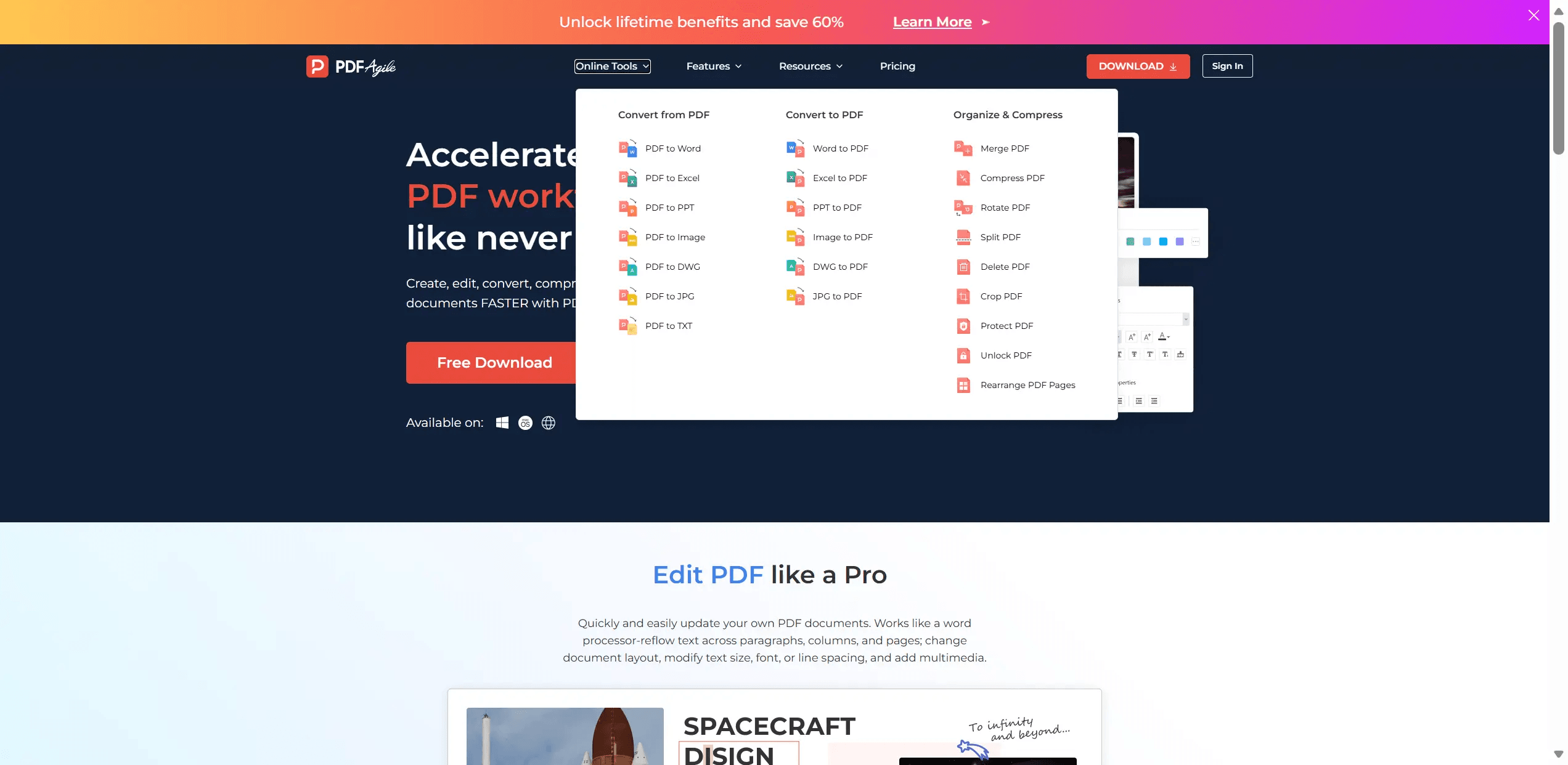 PDF Agile official website with the Free Download button and the Online Tools menu