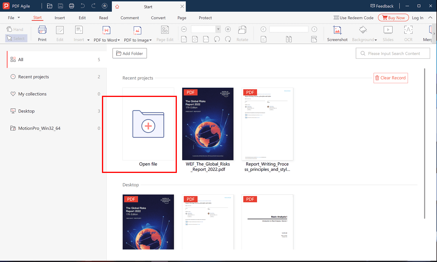 PDF Agile Start workspace with the Open file tile and the Recent projects list