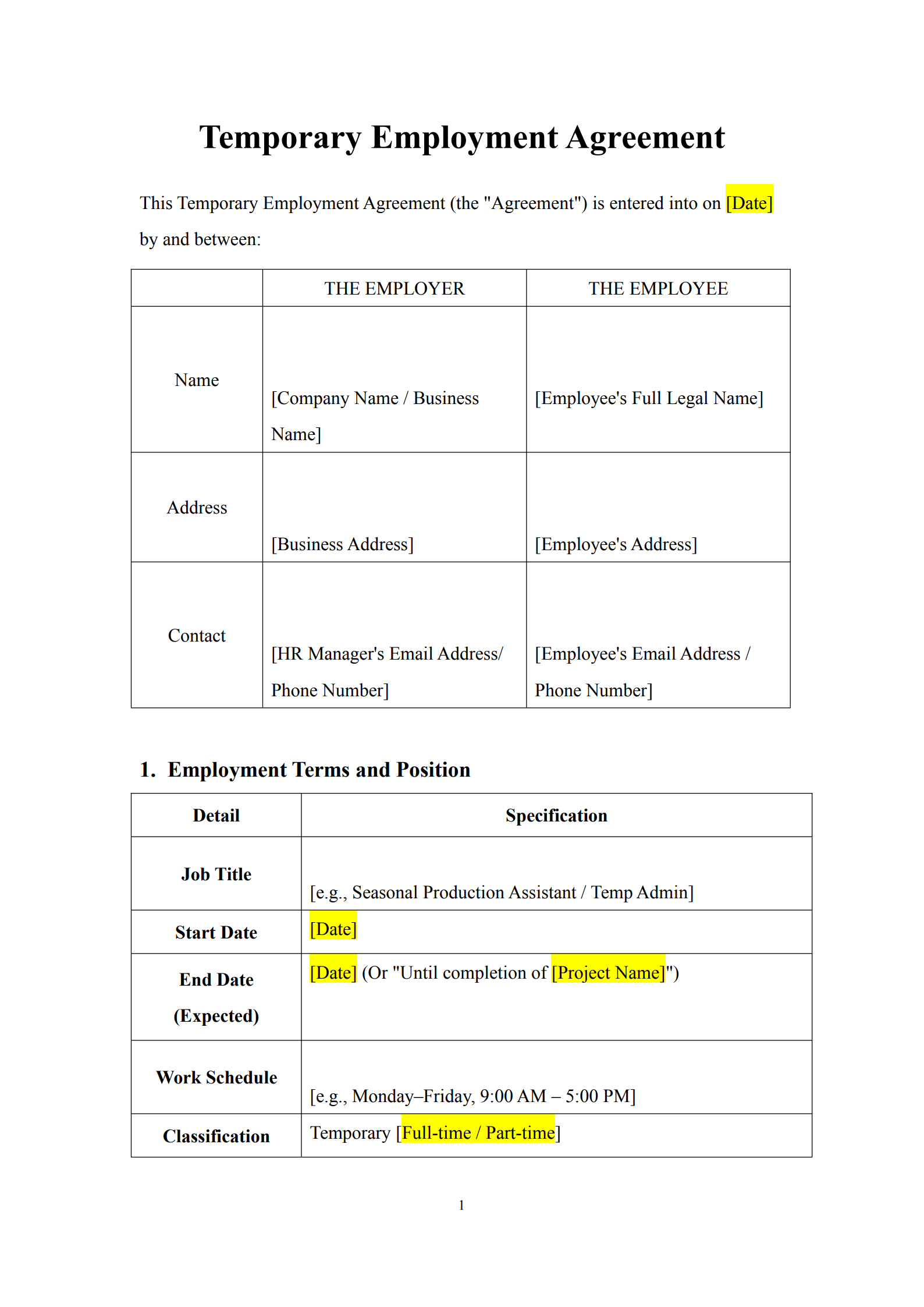 temporary employment contract template 1