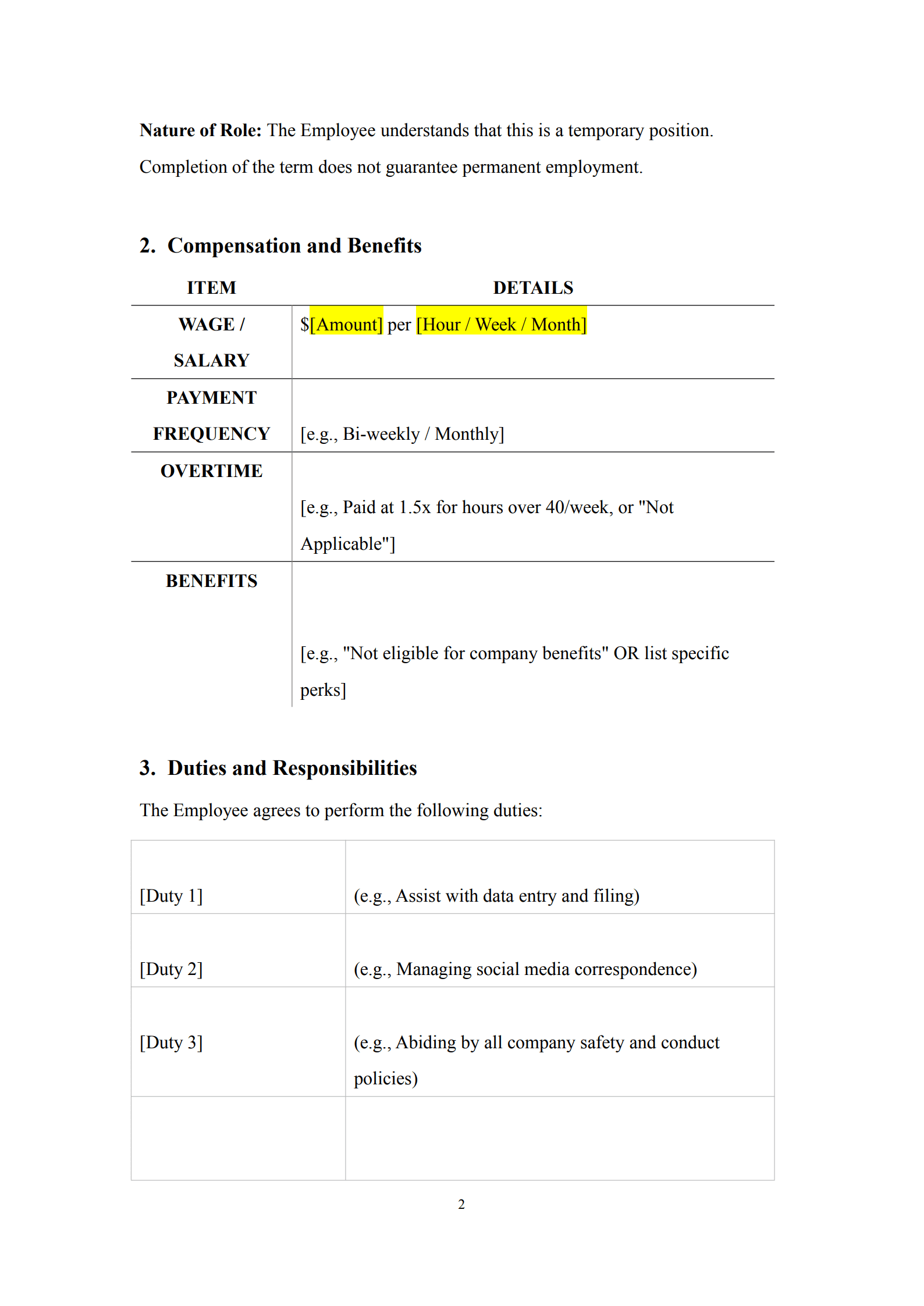 temporary employment contract template 2