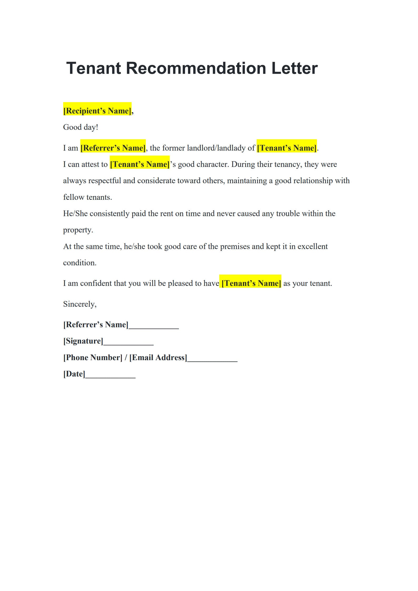 tenant recommendation letter