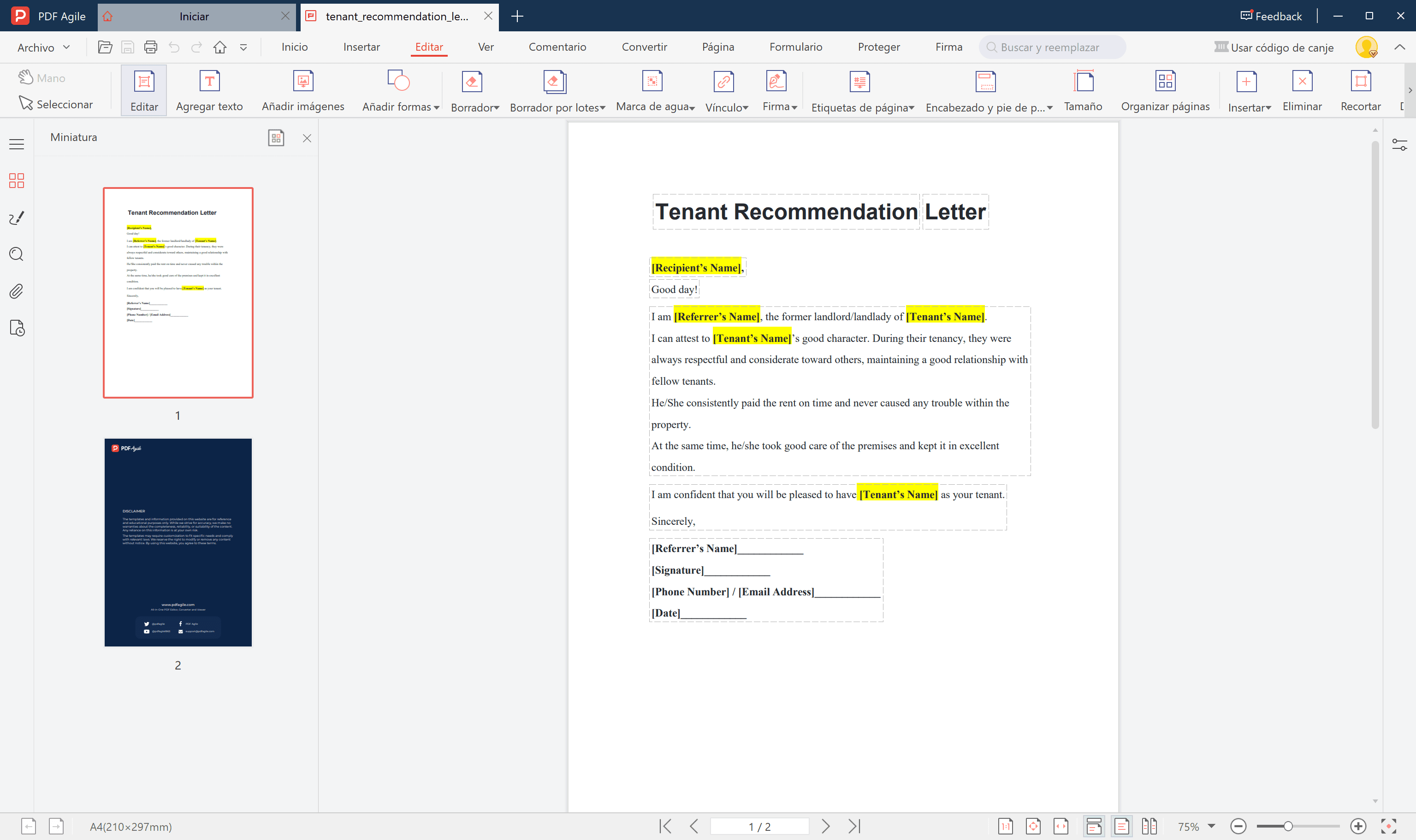 tenant recommendation letter fill in