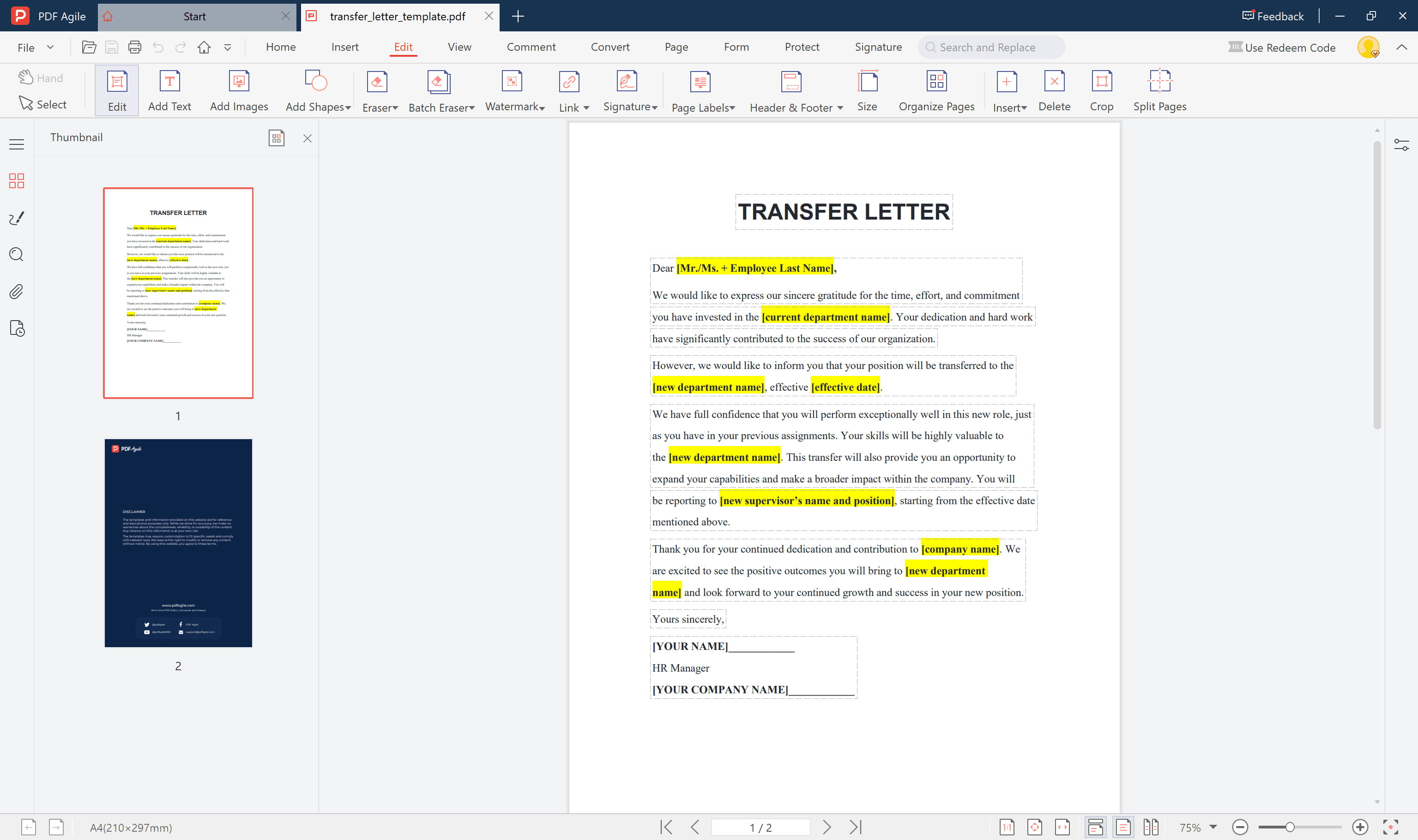 transfer letter template fill in