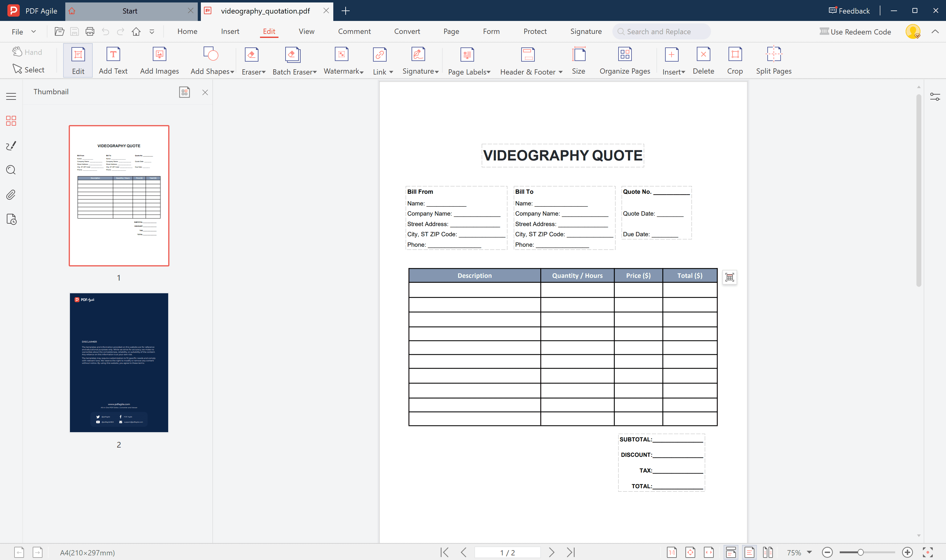 videography quotation open and customize
