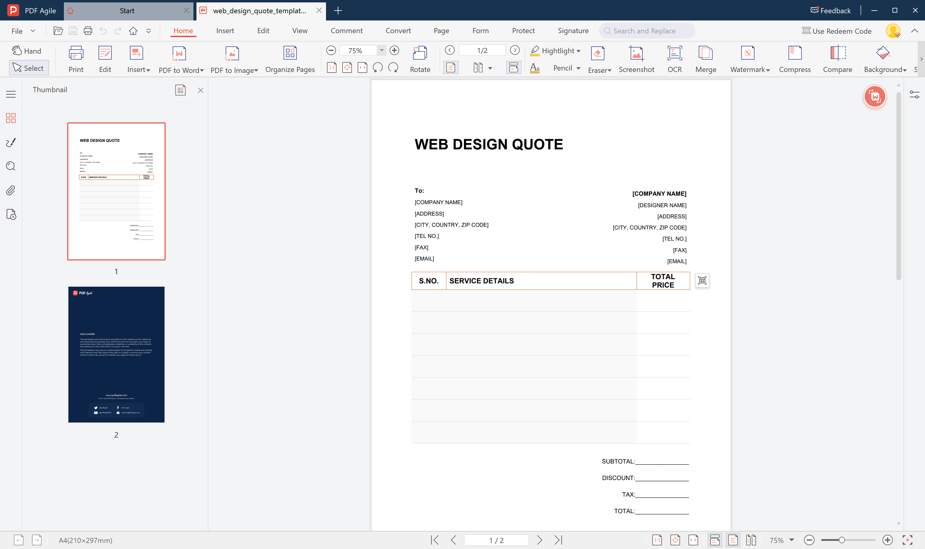 web design quote template fill in