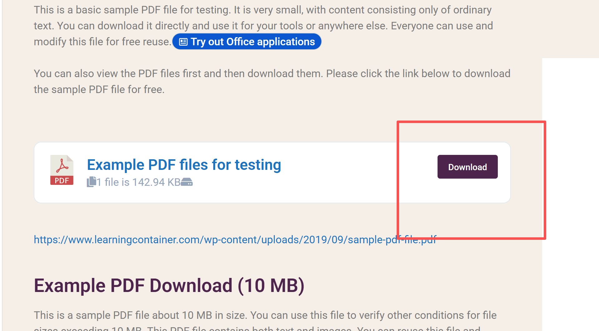 A website page offering a sample PDF with its Download button highlighted