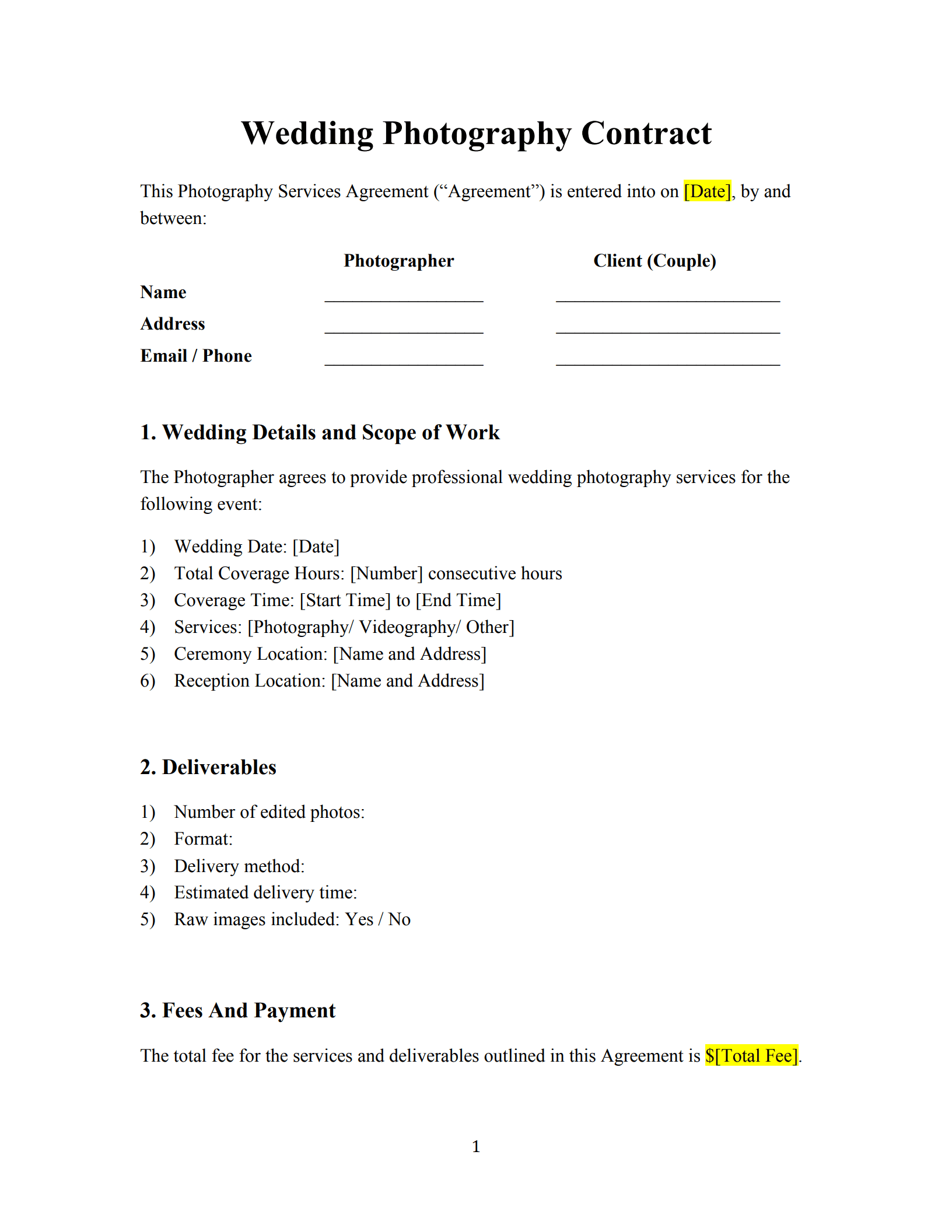 wedding photography contract template