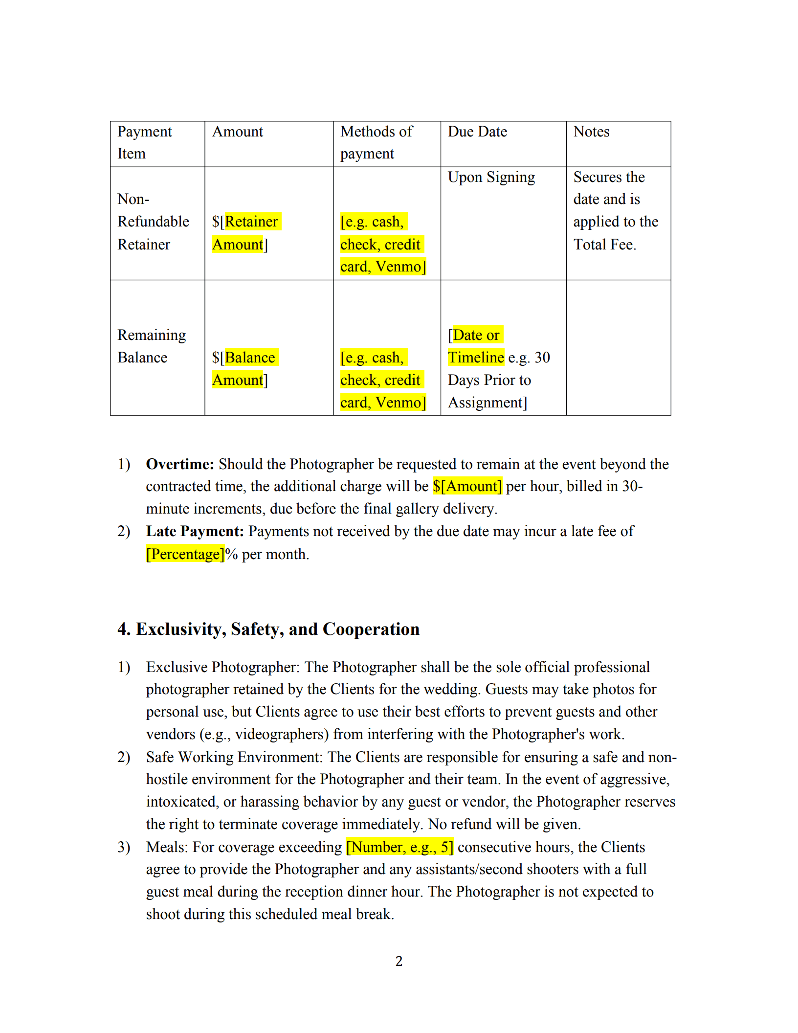wedding photography contract template 2